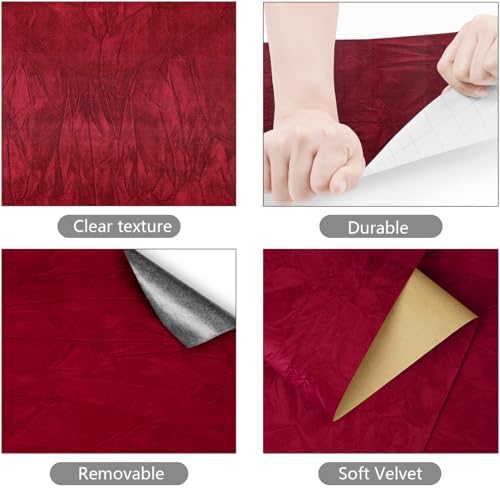 YENHOME Red Vintage Wallpaper Stick and Peel Self Adhesive Red Velvet Fabric - Image 4