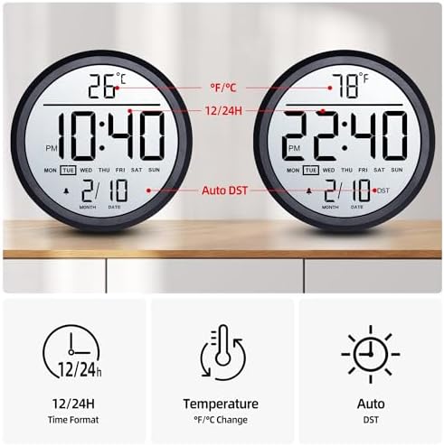 8" Round LCD Digital Wall Clock Battery Operated - Image 3