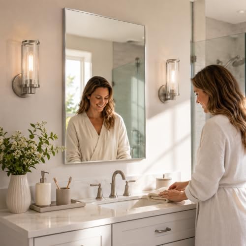 24"x36" Brushed Nickel Framed Rectangle Bathroom Vanity Wall Mirror - Image 4
