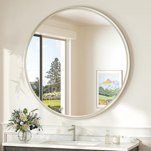 TokeShimi 36 in Round Brushed Nickel Mirror, Tempered Shatterproof Circle Wall by TokeShimi