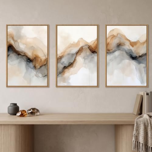Abstract Neutral Watercolor Framed Canvas Wall Art Set -24"×36" x3 - Image 3