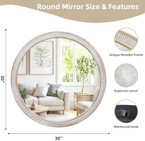 30 Inch Wooden Round Mirror for Wall Decor, Rustic Distressed Mirrors - Image 3