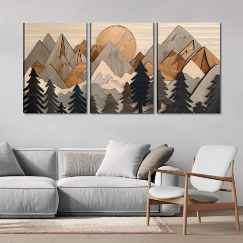 Set of 3 Mountain canvas Wall Art Large Forest Wall Decor pictures Woodcut - Image 6