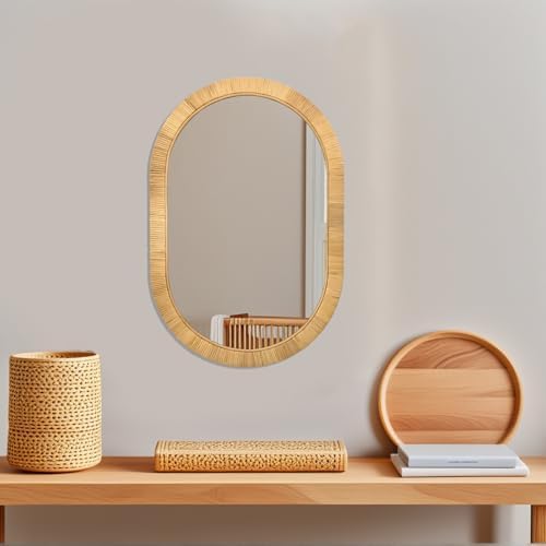 FUIN 20" x 30"Handcrafted Rattan Oval Wall Mirror – Natural Woven Wicker Frame - Image 6