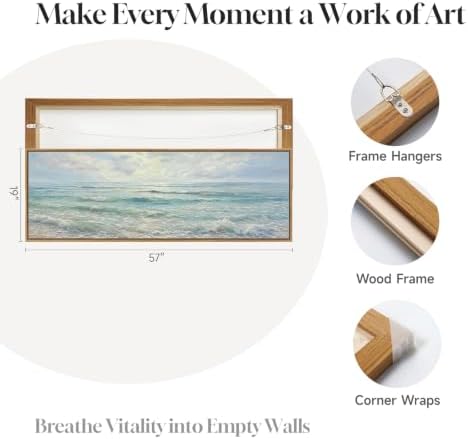 Framed Long Narrow Blue Coastal Landscape Horizontal Wall Art, 60x20 Inch - Image 6