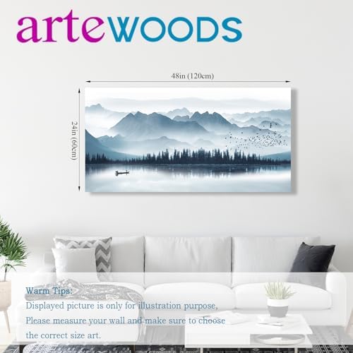 arteWOODS Indigo Canvas Wall Art Misty Mountain Wall Pictures Foggy Lake Boat - Image 2