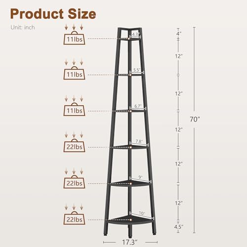 Hoctieon Corner Shelf, 6-Tier Corner Bookshelf, Rustic Ladder Shelf, Industrial - Image 2