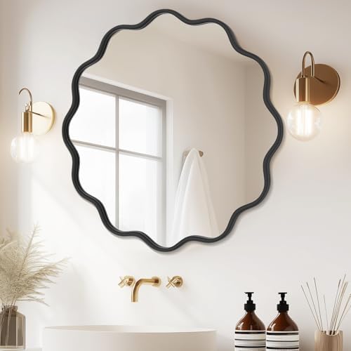 PROHOMEWARE Black Round Mirror 36 Inch Wavy Bathroom Vanity Mirror Black Frame by PROHOMEWARE