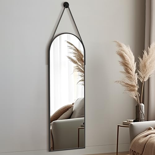 Dewfig 48"x16" Arched Full Length Mirror, Wall Mirror, Leather Strap - Image 4