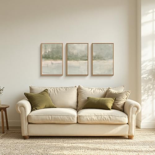 FWIEXA Grey Green Abstract Canvas Wall Art Set, Neutral Landscape Framed Prints - Image 5