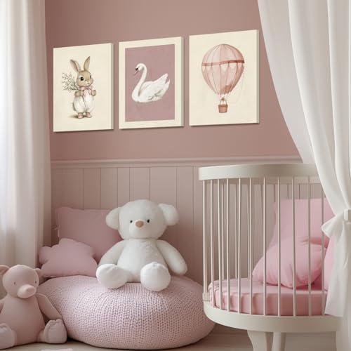 Hianan Wrapped Canvas Pink Cute Bunny Nursery Wall Art Set of 3, 16x24 in - Image 3
