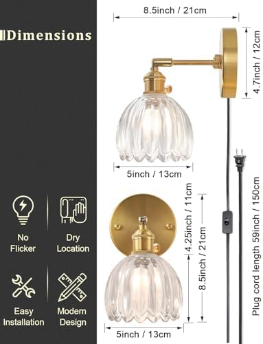 Plug in and Hardwired Wall Sconces, Luxury Vintage Tulip Crystal Glass Shade - Image 4