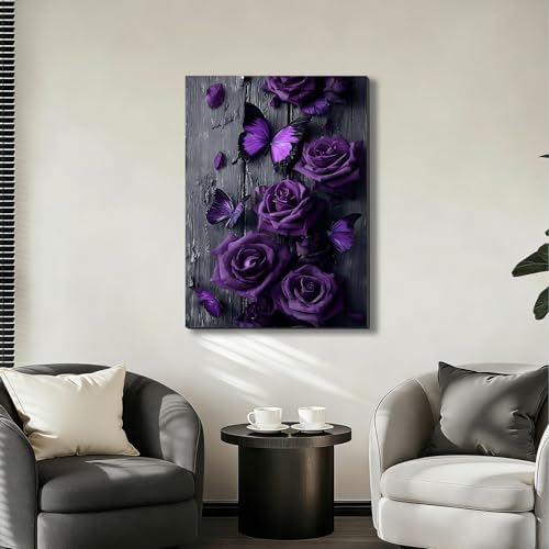 ZERILYN Ship Next Day Purple Rose Wall Art Canvas Prints Butterfly Canvas Art - Image 7