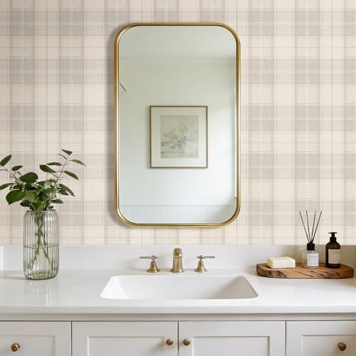 Livelynine 17.5x276 Plaid Peel and Stick Wallpaper Beige Neutral Vintage - Image 4