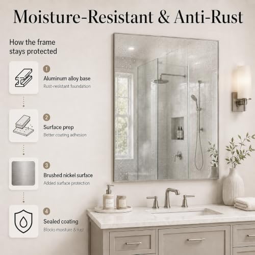 30"x36" Brushed Nickel Framed Rectangle Bathroom Vanity Wall Mirror - Image 5