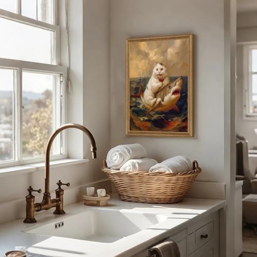 ICHZUMW Framed Funny White Cat Riding Shark Ocean Canvas Wall Art 16x24 In - Image 2