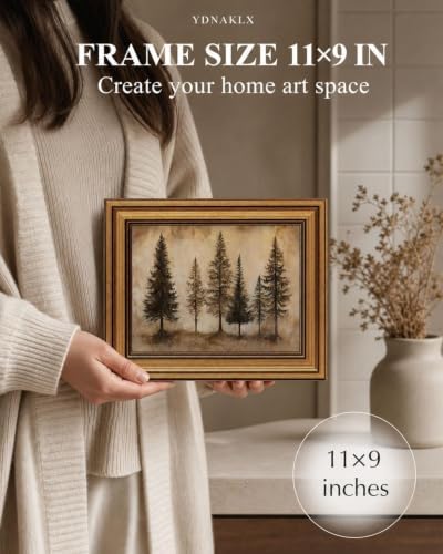 Gold Framed Wall Art, Vintage Pine Trees Canvas Prints, Rustic Nature Woodland - Image 2
