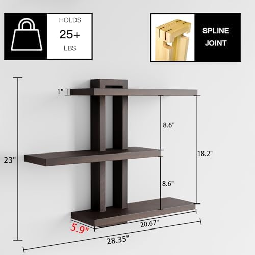 yaqew Wood Floating Shelves Set of 3, Dark Walnut, 28.35" x 23" x 5.9" - Image 3
