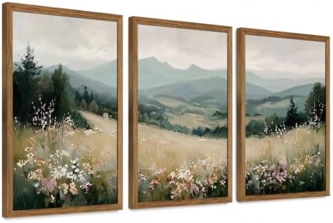 Minimalist Mountain Triptych Wall Art Set of 3, Foggy Wildflower Canvas by Unknown
