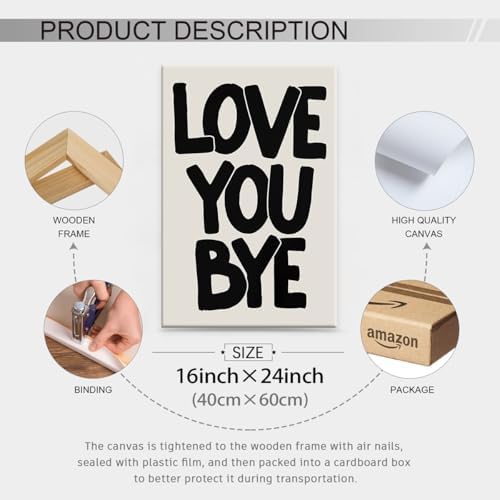 Love You Bye Quote Poster Black and White Love Wall Art 16x24 inch Framed Funky - Image 2