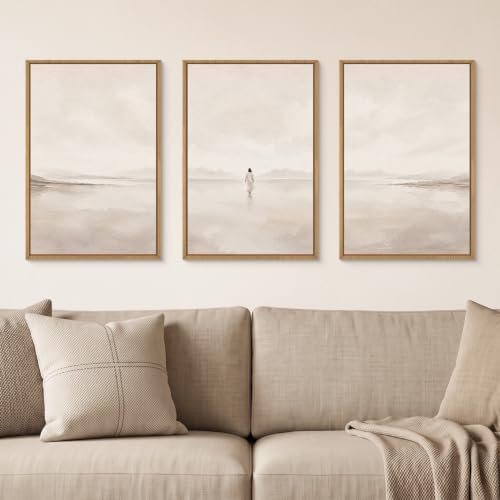 Large Abstract Jesus Christian Framed Canvas Wall Art, Neutral Beige Lake Wall - Image 2