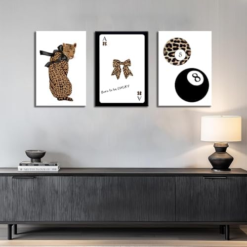 Set of 3 Trendy 8 Ball Leopard Canvas Wall Art Ace Card Bow Wall Decor Pictures - Image 3