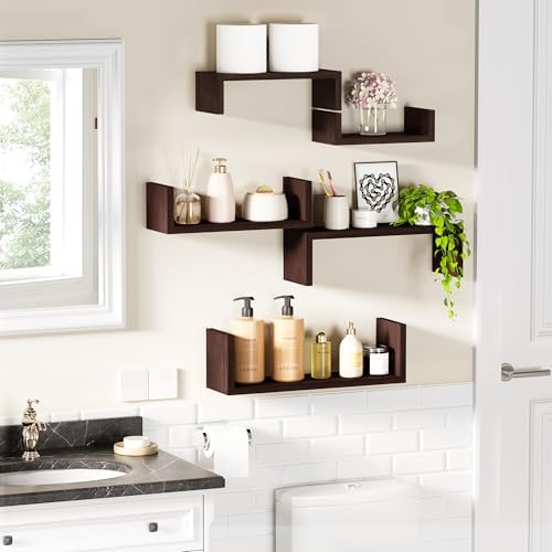SRIWATANA Dark Walnut Floating Shelves, 5-Piece Set Wood Wall Storage Unit - Image 4