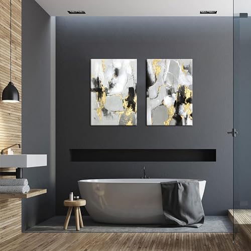 Framed Abstract Black Gold Wall Art Set of 2, Modern Black White Gold Canvas - Image 6