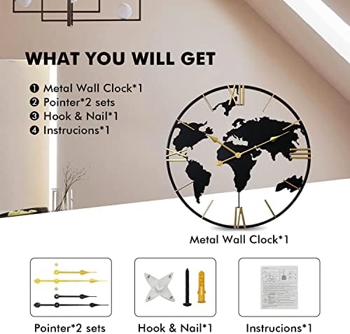 Large Wall Clock for Living Room, World Map Roman Numeral - Image 2