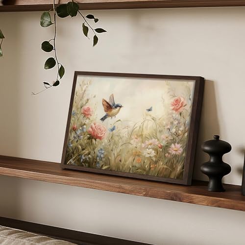 Vintage French Framed Wall Art, Wildflower Meadow Bird Canvas Prints - Image 4