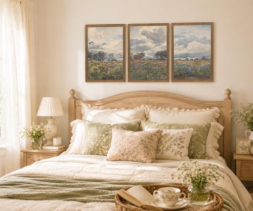 Vintage Framed Farmhouse Wildflower Meadow Landscape Wall Art Set of 3 - Image 3