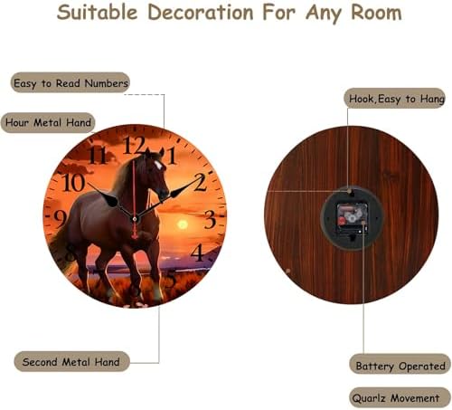12 Inch Wood Horse Wall Clock, Silent Non-Ticking Battery Operated - Image 3