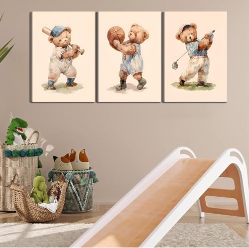 Teddy Bear Sports Nursery Animal Canvas Wall Art Cute Woodland Rugby Wall Decor - Image 6