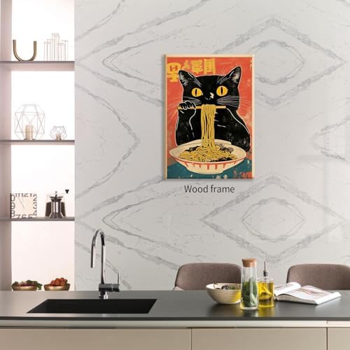 Framed Canvas Wall Art Posters Vintage Funny Black Cat Eating Ramen Unique - Image 4