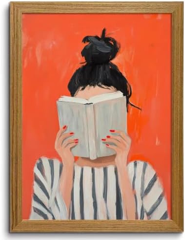 Abstract Framed Wall Art Reading Woman Canvas Print Bold Orange Wall Decor by ZMDDYSWallArt