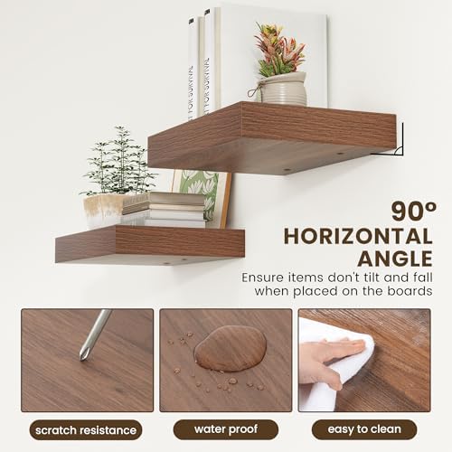 FLYJOE 12 Inch Deep Floating Shelves, 16 Inch Walnut Wall Shelves Set of 2 - Image 5