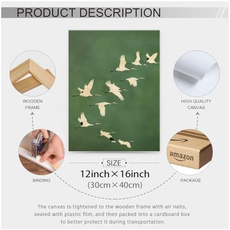 Emerald Green Gold Cranes Wall Art Japanese Bird Poster 12X16 inch Framed - Image 2