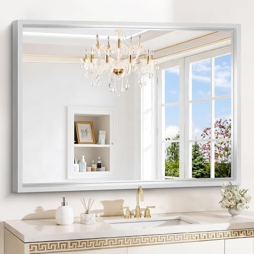 48 x 36 inch Brushed Silver Bathroom Mirror, Metal Framed Large Rectangle Mirror by WelcometoCIVENO