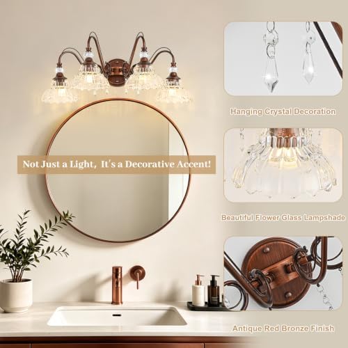 Vintage Bathroom Vanity Light, 4-Light Antique Red Bronze Finish Wall Sconce - Image 4