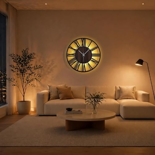 20Inch Large Lighted Wood Wall Clock Remote Control, Roman Numeral Modern - Image 5