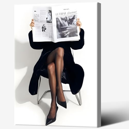 Woman Reading Newspaper Poster Black And White Photography Canvas Wall Art by Unknown