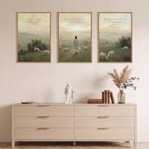 BINCUE Framed Christian Wall Art Jesus Lamb Wall Decor Christian Landscape - Image 3