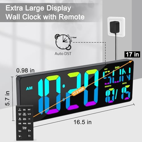 XREXS 17.2" Large Digital Wall Clock RGB Color Changing - Image 5