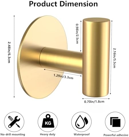 Gold Stainless Steel Wall Hooks, Heavy Duty Self-Adhesive Hooks - Image 2
