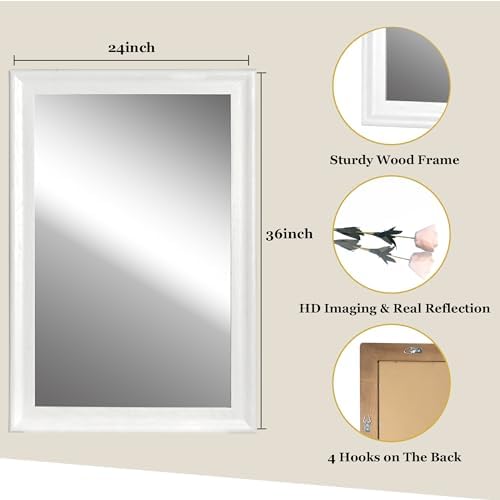 White Wood Mirror for Bathroom, Rectangle Rustic 24 x 36 inch Vanity Mirror - Image 5