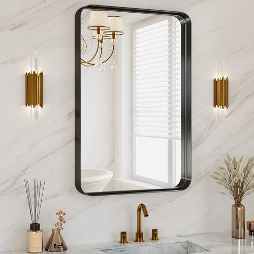 24"X32" Matte Black Metal Framed Vanity Rounded Rectangle Bathroom Mirrors by MYSUNORIA