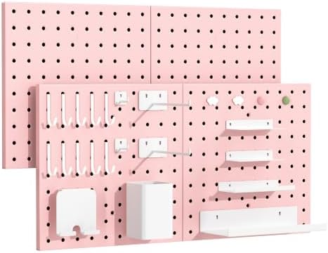 Magnetic Metal Pegboard Wall Organizer Kit, 4 Pack 10 x 10 in Panels Pink by PHXGrove