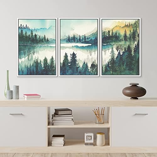 MUDECOR Framed Canvas Print Wall Art Set Watercolor Teal Emerald Green Mountain - Image 4
