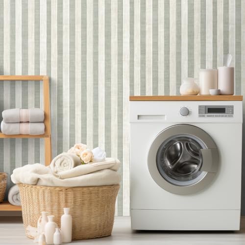 Sage Green and Cream White Textured Striped Peel and Stick Wallpaper, Self - Image 7