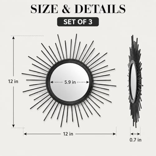 Black Sunburst Mirror Set of 3, Starburst Accent Mirror Wall Decor - Image 2